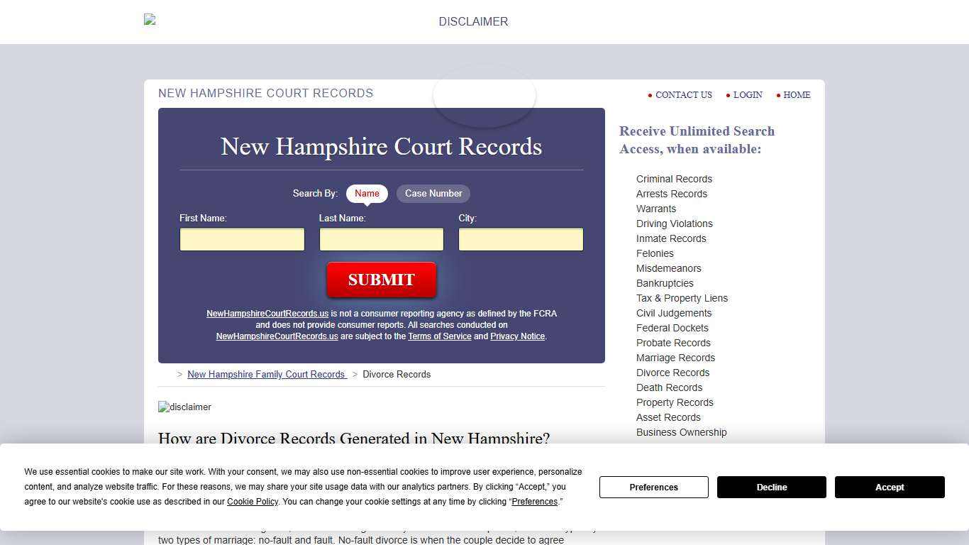 New Hampshire Divorce Records Search NewHampshireCourtRecords.us